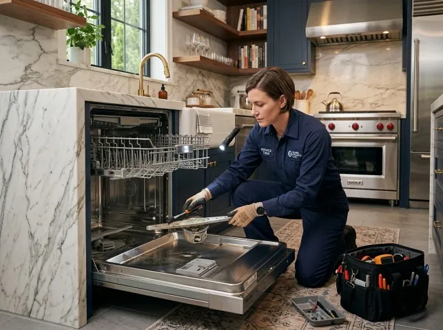 Appliance Repair Hero technician servicing a built-in dishwasher in a Beverly, NJ kitchen