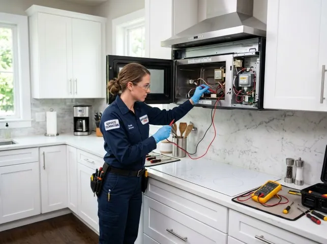 Appliance Repair Hero technician testing an over-the-range microwave in a Beverly, NJ kitchen